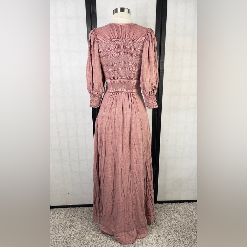 Pink Button-Down Maxi Dress with Tie Front - Picture 2 of 7
